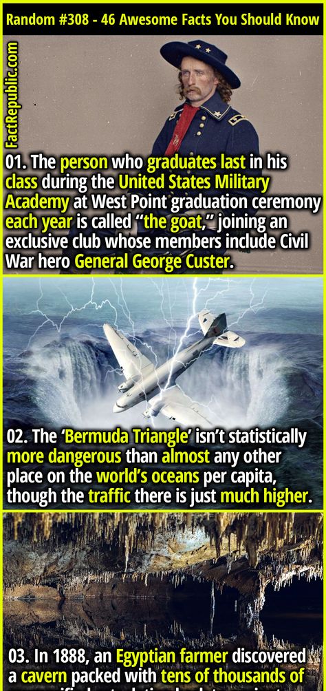 46 Fast & Awesome Random Facts You Should Know | Random List #308 - Fact Republic West Point Graduation, George Custer, L Ron Hubbard, United States Military Academy, Fact Republic, Exclusive Club, Scary Facts, Bermuda Triangle, Military Academy