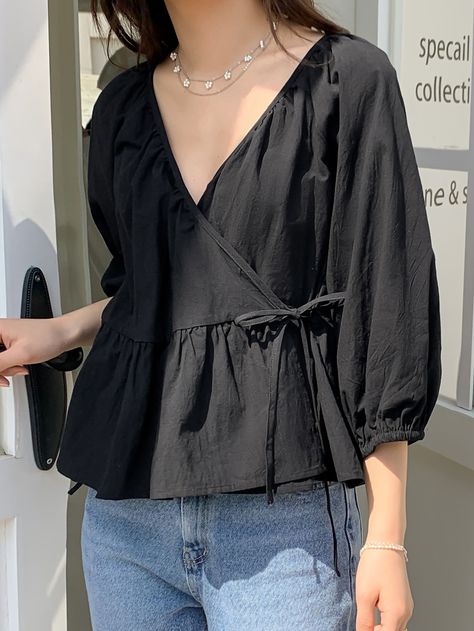 Peplum Summer Top, Peplum Top Black, Wrap Tops For Women Blouses, Cotton Wrap Top, Peplum Tops Outfit, Tied Blouse Outfit, Cute Peplum Tops, Plain Tops For Women, Black Wrap Top Outfits