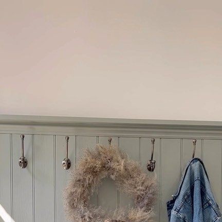 Alex | DIY & Interiors on Instagram: "#AD - BOOTILITY 🥾 I am SO pleased with how this space has turned out using @dunelmuk decorating range. I used tongue and groove panelling in here with some top wood trim to create a small ledge and then prepped with wood primer from the inhouse decorating range at Dunelm followed by their beautiful sage green paint and voila! I added some antique brass hooks to give practical coat storage and icluded some soft furnishing from Dunelm’s range to make this spa Green Tongue And Groove, Panelled Wall With Coat Hooks, Sage Green Wood Paneling, Hallway Panelling Coat Hooks, Tongue And Groove Panelling Hallway, Coat Hooks Hallway, Hallway Panelling, Green Entryway, Accent Wall Panels