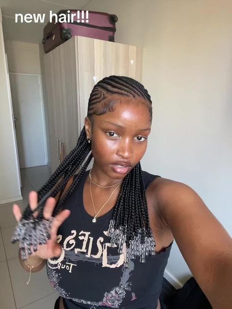 Sizwe on TikTok Cornrow In Front Knotless In Back, Simple Braided Hairstyles For Short Hair Black Women, Short All Back With Beads, Hairstyles For Cornrows, Black Women Straight Back Braids, Short Hair Styles With Beads, Braids To The Back With Beads, Straight Up With Beads, Straight Cornrows Braids For Black Women
