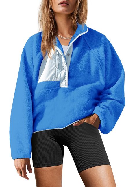 PRICES MAY VARY. Super soft fleece material, soft fluffy fleece fabric, comfortable and skin-friendly, makes you have a cute look, easy to match and wear it comfortable FASHION DEISGN: The button down sherpa pullover is very comfortable and loose to wear and you won't feel tight in it. It is made with soft fabric, nylon patches; zipper pockets; quarter-button closure, elastic cuffs, making it more comfy against the skin, can be worn next to your skin, you will never want to take it off. Features Cute And Comfy School Outfits, Bright Blue Clothes, Byu Sweatshirt, Comfy Outfits For Fall, Cute Clothes For School, Best Amazon Clothes, Cute Comfy Fits, Blue Sweatshirt Outfit, Cute Pullovers