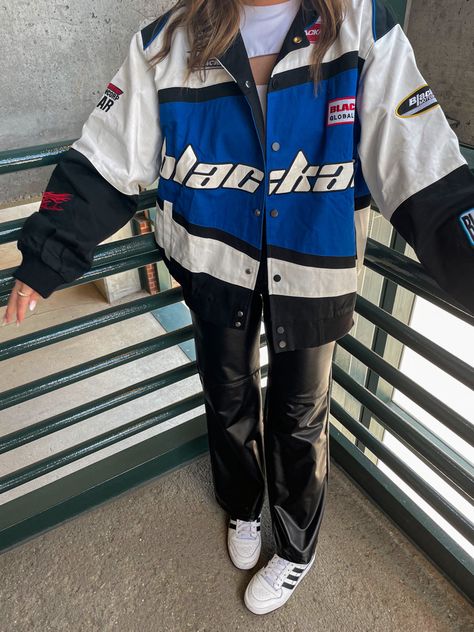 Racing Bomberjack Outfit, Blue Racing Jacket Outfit, Streetrace Outfit, Racer Outfits Women, H&m Racer Jacket, Car Racing Outfit Men, Racing Jackets Outfit, Blue Racer Jacket Outfit, Outfits With Racer Jacket