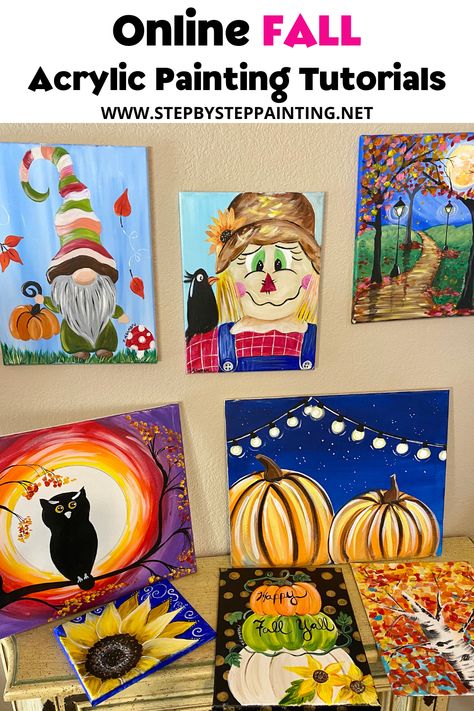 Learn to paint Fall Theme Paintings on canvas with acrylics. These are FREE painting tutorials all taught by artist and art educator Tracie Kiernan. See thte full gallery of fall theme canvas paintings! Diy Autumn Painting On Canvas, Fall Theme Canvas Painting, Paint And Sip Ideas Step By Step Fall, Tracy Kiernan Step By Step Painting, Fall Pictures To Paint On Canvas, How To Paint Fall Pictures, Fall Painting Ideas On Canvas Easy, Fall Mini Canvas Paintings, Turkey Paintings On Canvas Easy