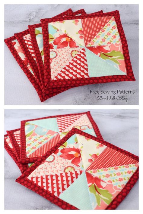 Scrap Fabric Patchwork Coasters Free Sewing Tutorial Patchwork, Fabric Coasters Tutorial, Patchwork Coasters Free Pattern, Sew Coasters Diy, Fabric Coasters Diy Free Pattern, Quilted Coasters Patterns Free, Patchwork Coasters, Fabric Art Diy, Quilted Coasters