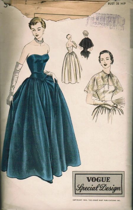 Evening Gown Pattern, Womens Formal Gowns, Vintage Fashion Sketches, Vintage Vogue Patterns, Net Blouse, Strapless Evening Gowns, Shoulder Cape, Diy Vetement, Moda Retro