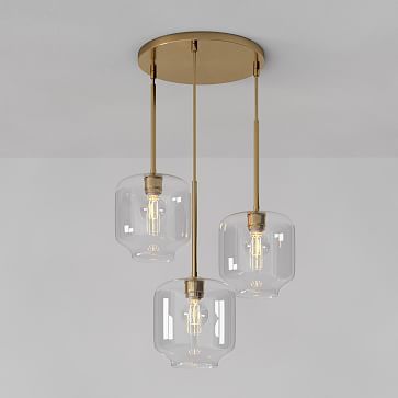 Glass Pendant Chandelier, Amber Interiors Lighting, Chandelier Over Stairs, Dining Room Lighting Over Table Modern, Modern Entryway Lighting, Sculpture Chandelier, Breakfast Room Ideas, Powder Room Chandelier, Beachy Chandelier