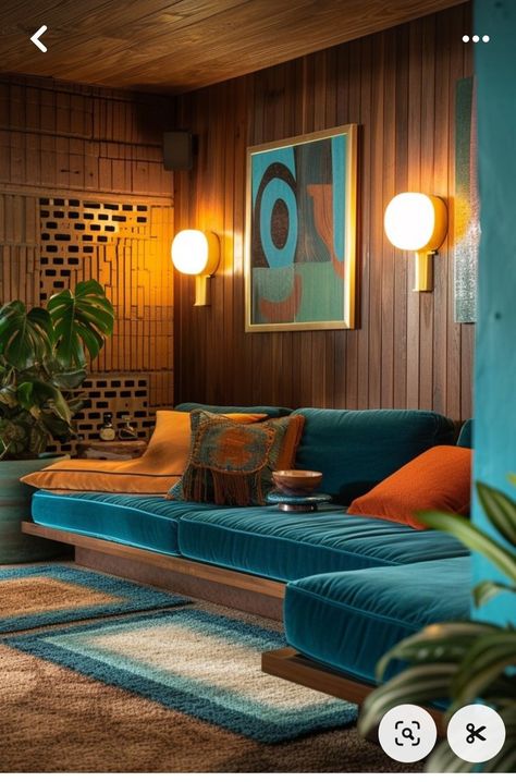 Modern 90s Interior Design, Schoolhouse Electric Living Room, Cool Toned Apartment, Moody Mcm Living Room, Green And Orange Apartment, Eclectic Style Interior Design, Vintage Modern Interior Design, Types Of House Decor Styles, Seventies Interior Design