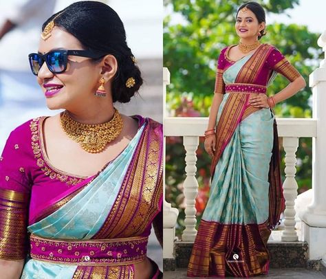 You Will Love This Gorgeous Silk Sarees Collection • Keep Me Stylish Kanjivaram Blouse Designs, Silk Saree Colour Combinations, Tamil Outfits, Marriage Outfit, Saree Combination, Gold Blouse Designs, Marriage Photoshoot, Blue Saree Blouse, Embroidered Blouses