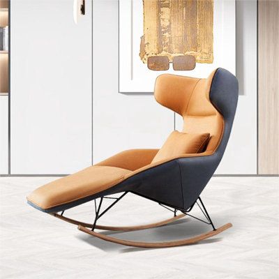 The rocking chair fits every part of the body in an all-around way, fully releasing the pressure of the shoulder, neck, waist, leg, and calf, and enjoying leisure time. Fabric: Navy/Orange | Corrigan Studio® Kristieann Rocking Chair Faux Leather / Metal | 41.34 H x 29.92 W x 51.18 D in | Wayfair Modern Sleeper Chair, Rocking Chairs Living Room, Ergonomic Lounge Chair, Dining Room Conversion, Japandi Style Living Room, Mid Century Modern Recliner, Double Rocking Chair, Metal Rocking Chair, Chairs For Living Room