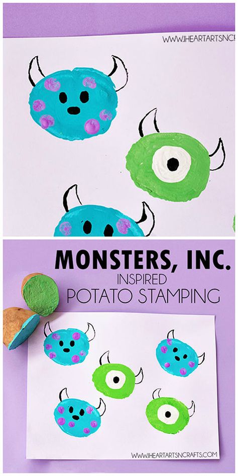 Monsters Inc Crafts, Potato Stamping, Disney Lessons, Disney Crafts For Kids, Disney Activities, Potato Stamp, Monster Crafts, Manualidades Halloween, Daycare Crafts