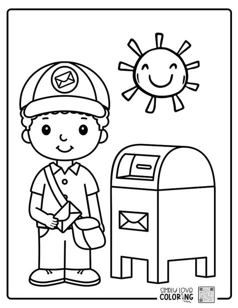 Boy mailman holding letter by mailbox free mailman coloring pages simplylovecoloring.com Preschool Mailman Activities, Mail Carrier Crafts For Toddlers, Community Helpers Mailman, Mail Carrier Preschool, Mailman Crafts, Mail Carrier Craft, Prek Community Helpers, Boy Coloring Pages, Community Helpers Week