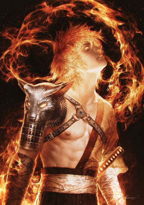 Tumblr, Valentina Remenar, Fire Demon, Wolf Eyes, In Flames, Male Character, Commissioned Artwork, Fire Art, Fantasy Pictures