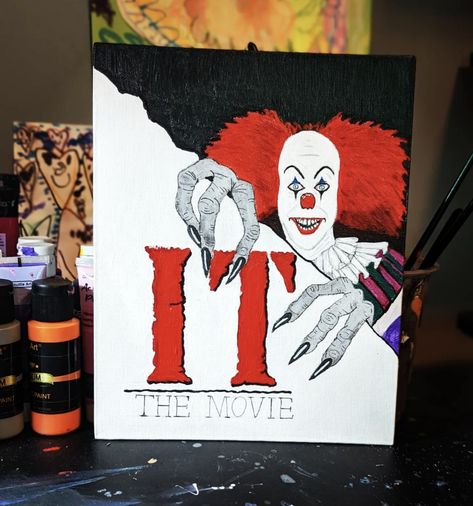 Artwork, Pennywise, pencil drawing + acrylic Pennywise Canvas Painting, Horror Painting Ideas, Pennywise Painting, Horror Painting, Halloween Canvas Art, Halloween Paintings, Drawing Acrylic, Halloween Drawing, Paint Inspo