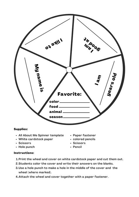 All About Me Spinner Wheel Craft - Templates by Canva All About Me Spinner Printable, All About Me Spinner, All About Me Template, Emotions Vocabulary, About Me Worksheet, Me Worksheet, Ingles Kids, All About Me Crafts, Teacher Planner Templates