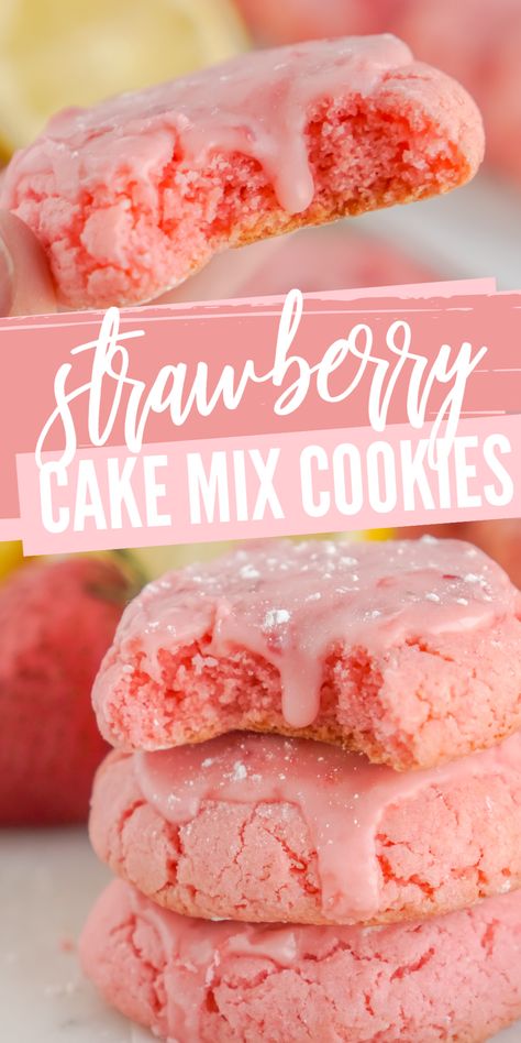 Amazing Strawberry Cake Mix Cookies! These Cookies are SO easy to make with a cake mix base and a strawberry lemon glaze! Perfect for Valentine's Day, Spring, or Summer! Soft and Chewy Cookies in 20 minutes! #lemonpeony #strawberry #lemon #cookies #cakemixcookies #strawberrycookies Essen, Box Strawberry Cake, Cookies For Spring, Strawberry Cake Cookies, Easy Strawberry Cake, Summer Cookie Recipes, Strawberry Bliss, Strawberry Cake Mix Cookies, Easy Strawberry Desserts