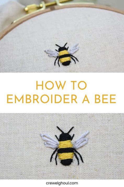 Learn how to embroider a simple bumble bee with this easy step by step tutorial. Couture, Bumble Bee Embroidery Simple, Tiny Bee Embroidery, Embroider A Bee, Bumble Bee Embroidery Pattern, How To Embroider By Hand, Easy Hand Embroidery Designs, Honey Bee Embroidery, Easy Embroidery Designs