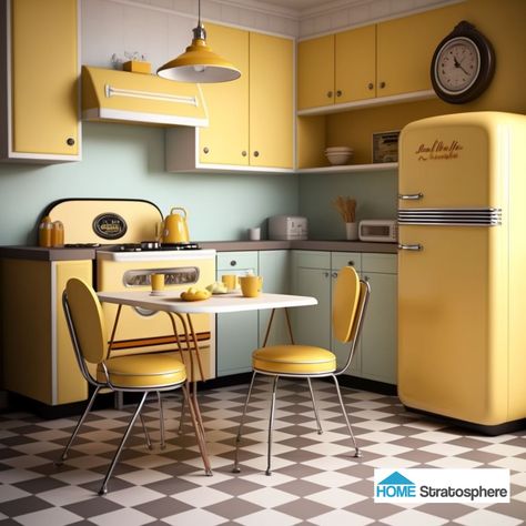 Retro Kitchen Yellow, Kitchen 50s Style, Vintage 50s Kitchen, Retro 50s Kitchen, Yellow Retro Kitchen, 1950s Kitchen Aesthetic, 60s Kitchen Cabinets, 50s Kitchen Cabinets, 1950s House Interior