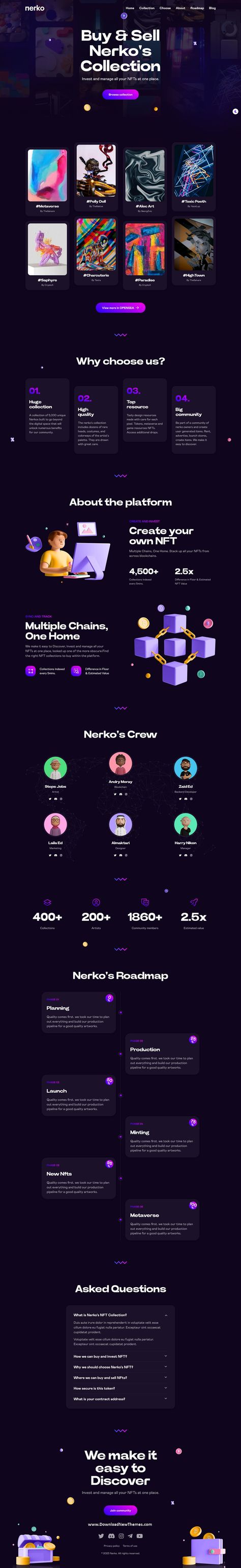 Nerko - NFT Portfolio WordPress Theme Dark Theme Landing Page, Dark Landing Page Design, Dark Theme Website, Nft Website, Nft Collections, Figma Design, Technology Theme, Website Color Palette, Mobile App Design Inspiration