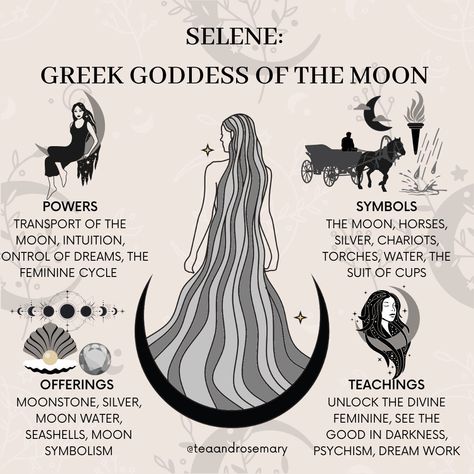 Tea & Rosemary☕️🌱 on Instagram: “Selene is a Greek goddess that represents the moon and with it, the very spirit of the divine feminine. She is the sister of Helios, the…” Greek Goddess Of The Moon, Selene The Moon Goddess, Selena Moon Goddess, Selen Moon Goddess, Moon Woman Aesthetic, Selene Altar Ideas, Moon Diety, Moon Goddess Altar, Offerings For Selene