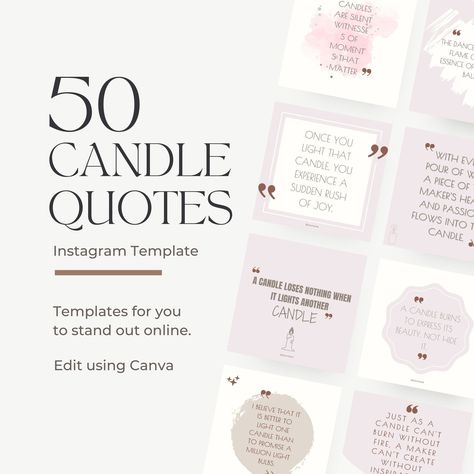 Set your candle making brand apart with eye catching Instagram feed! this is ready to post candle quotes instagram posts and stories designed carefully to add touch of elegance and sophistication to your candle business social media presence. This template will be allowing you to effortlessly customize each post to match your brand's personality. With just a few clicks, your Instagram feed will be a mesmerizing gallery of your candle masterpieces. This template will allow you to focus more on cr Candle Making Business Quotes, Candle Instagram Posts, Candle Instagram Feed, Business Rebranding, Candle Giveaway, 50 Candles, Chic Candles, Candle Quotes, Candle Making Business