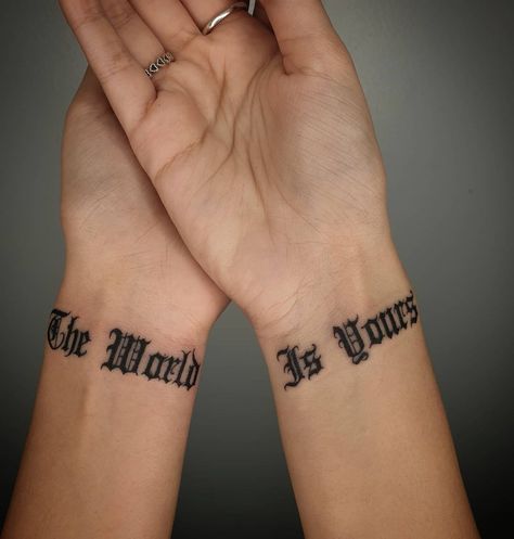 Small Old English Letter Tattoo, The World Is In Your Hands Tattoo, Old Script Tattoo, Finger Script Tattoo, Old English Script Tattoo, Chicana Tattoos For Women Lettering, Hand Tattoo Font, 444 Chest Tattoo Female, The World Is Yours Tattoo Hand