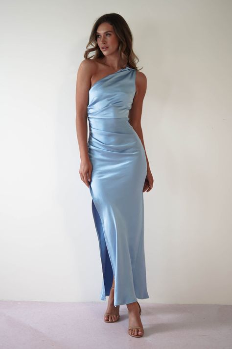 Natalia Soft Satin Maxi Dress | Blue Blue Bridesmaid Silk Dresses, Deep Blue Green Bridesmaid Dresses, Long Blue Dresses Formal, Turquoise Wedding Guest Dress, Pale Sage Bridesmaid Dresses, Shades Of Blue Satin Bridesmaid Dresses, Sky Blue Wedding Guest Dress, Mexico Wedding Guest Dress Formal, Soft Blue Dress Classy