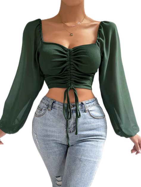 PRICES MAY VARY. 95% Polyester, 5% Elastane Imported Drawstring closure Machine Wash 🧡 Fabric composition: 95% Polyester, 5% Elastane, slight stretch, slim fitted 💛 Features: lantern long sleeve sweetheart neck shirt, drawstring crop top, chic and charming blouse tops 💚 Easy to match jeans, leggings, skinny pants, skirts, shorts and boots, sneakers, or as bottoming shirt under cardigans, jackets, coats for a chic and charming look 💙 Suitable for daily wear, vacations, outdoor, night out, dat Crop Top Styles, Commuter Style, Crop Long Sleeve, Outfits Mit Shorts, Long Sleeve Knit Sweaters, Women's Blouses, Chiffon Long Sleeve, Crop Top Fashion, Crop Top Blouse