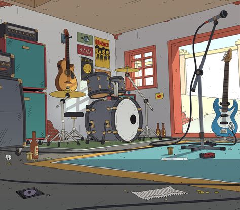 Garage Band, on ArtStation at https://www.artstation.com/artwork/oAoKPk Anime Band Aesthetic, Music Room Drawing, Music Studio Illustration, Garage Rock Aesthetic, Music Illustration Artworks, Garage Band Aesthetic, Music Band Illustration, Rock Music Illustration, Band Cover Art