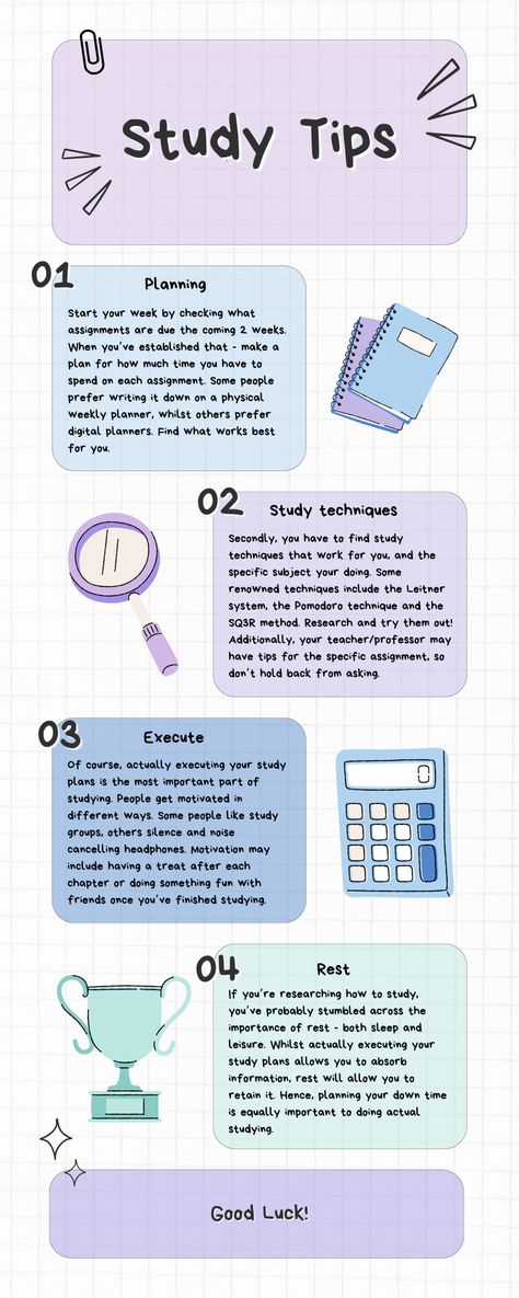 1 - Planning 2 - Study techniques 3 - Execute (Study) 4 - Rest (Sleep, have fun, exercise, socialise etc.) Study tips from a straight A's student! Time Table For University Student, Study Chart Ideas, How To Notes Student, How Not To Sleep While Studying, Mid Term Study Tips, Cma Study Tips, Timetable For School Student, Cute Study Ideas, 10th Standard Study Tips