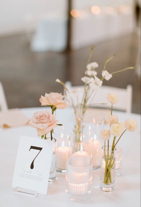 Bud Vase Circle Table Wedding, Wedding Candles And Greenery, Cluster Centerpieces Wedding, Floating Candle Centerpieces With Bud Vases, Simple Floral Wedding Decor, Wedding Table Centerpieces Flowers Vases, Simple Flower Table Decor, Simple Flower And Candle Table Decor, Wedding Table Ideas Simple