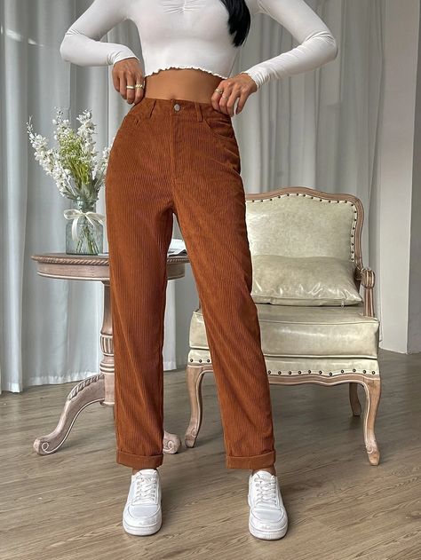 Zipper Fly Corduroy Pants | SHEIN USA Burnt Red Pants Outfit, Brown Corduroy Trousers Outfit, Rust Corduroy Pants Outfit, Brown Corduroy Pants Outfit Women, Coudoroy Pants, Orange Corduroy Pants Outfit, Corduroy Pants Outfit Winter, Cordory Pants Outfits, Corduroy Pants Outfit Women