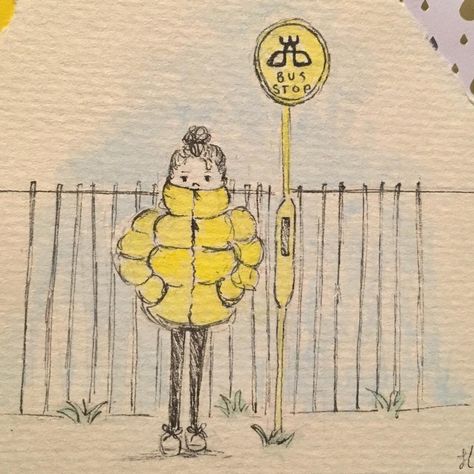 Holly Amber Stewart on Instagram: “Waiting at the bus stop illustration #illustration #bus #stop #busstop #yellow #watercolour #pufferjacket #paint #drawing #painting…” Bus Stop Illustration, Bus Stop Drawing, Stop Illustration, Bus Drawing, Waiting For The Bus, Stop Drawing, Bus Stand, Paint Drawing, Sketches Pencil