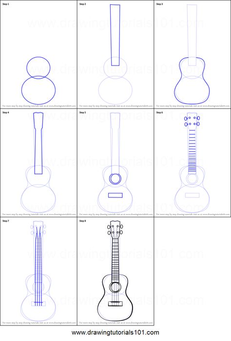 How to Draw a Ukulele Printable Drawing Sheet by DrawingTutorials101.com Ukulele Drawing Simple, How To Draw Musical Instruments, Ukulele Drawing Sketch, Guitar Drawing Tutorial, How To Draw Instruments, Ukulele Art Drawing, Ukulele Sketch, Gutair Drawing, Ukulele Reference