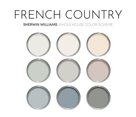 French Country Sherwin Williams Paint Palette, Paint Colors for Home, Cottage Neutrals, Whole House Color Scheme, Sea Salt - Etsy New Zealand Popular Benjamin Moore Paint Colors, French Country Color Schemes, Country Color Scheme, French Country Paint Colors, French Country Color Palette, Country Paint Colors, Cottage Paint Colors, French Country Colors, Colors For Home