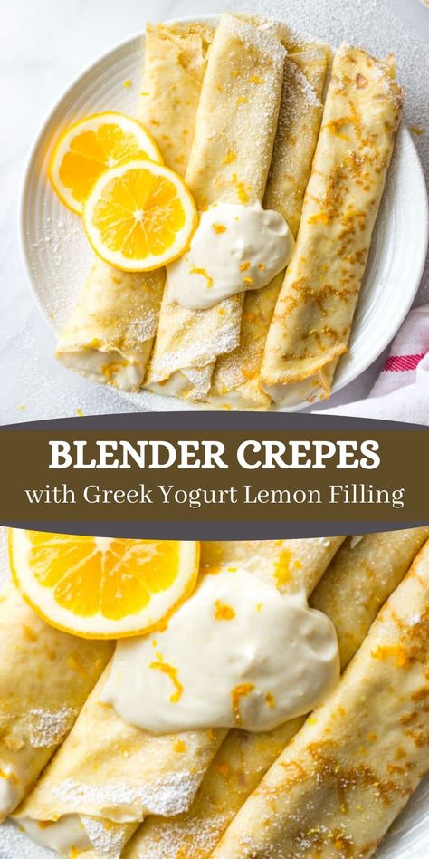 These delicate honey-sweetened blender crepes are served with 4-ingredient greek yogurt lemon filling. Healthy Crepe Filling, Lemon Crepes Filling, Greek Yoghurt Recipes, Blender Crepes, Crepe Filling, Healthy Crepes, Lemon Crepes, Lemon Greek Yogurt, Greek Yogurt Breakfast