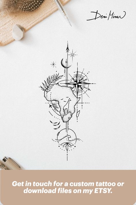 Travel tattoo set - Africa tattoo, map tattoo with giraffe is a delicate line drawings by a Slovak artist Deni Minar. This elegant artworks was created for all travel lovers and explorers. Open for commissions - Get in touch via Instagram if you would like your own personal drawing. This post is about - Tattoo ideas, Tattoo art, beautiful tattoo, travel tattoo, tattoo for women, africa tattoo, compass tattoo, nature art, nature lovers. #tattooidea #tinytattoo #lotustattoo #linedrawing #tattooart African Silhouette Tattoo, Africa Compass Tattoo, Safari Tattoos For Women, Creative Art Tattoos, South Africa Tattoos For Women, African Art Tattoo Ideas, Africa Inspired Tattoos, Dubai Tattoo Ideas, Africa Continent Tattoo