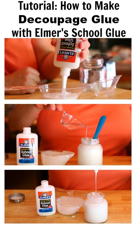 Easy tutorial on how to make decoupage glue using Elmer's glue Elmers Clear Glue Crafts, School Glue Crafts, Homemade Mod Podge Recipe, How To Make Glue, Homemade Mod Podge, Deco Podge, Glue Craft, Puzzle Frame, Decoupage Glue