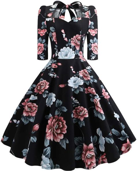 Shein 50s Floral Print Tie Back Flare Dress Vintage 1950s Dresses, Retro Inspired Dress, Womens Vintage Dresses, Knot Dress, Floral Fit, Rockabilly Dress, Inspired Dress, Slim Waist, Retro Dress