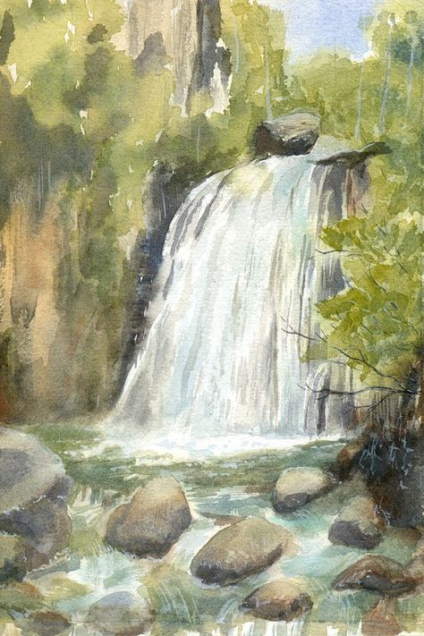 Pond Painting Watercolor, Watercolor Waterfall Easy, Water Fall Watercolor, Watercolor Paintings Waterfall, Watercolor Pond Landscape Paintings, Nature Watercolour Painting, Watercolor Pond Painting, Water Fall Painting Easy, Watercolor Forest Paintings