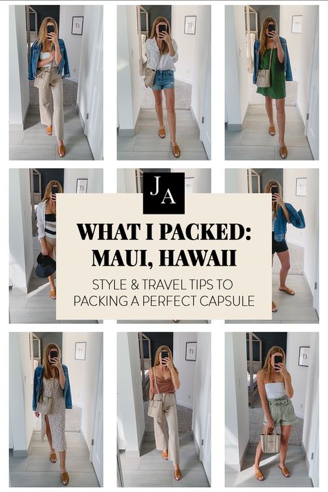 Jessica Ashley @hellojessicashley explains how to pack a great capsule wardrobe for travel and shows you where to buy essential pieces for your capsule Hawaii Vacation Packing Outfit Ideas, Outfits To Pack For Vacation Summer, Hawaii 2023 Outfits, Packing Beach Vacation Outfit Ideas, Tropical Travel Capsule Wardrobe, Tropical Wardrobe Capsule, Tropical Holiday Capsule Wardrobe, Hawaii Style Fashion Vacation, Capsule Wardrobe For Hawaii Vacation