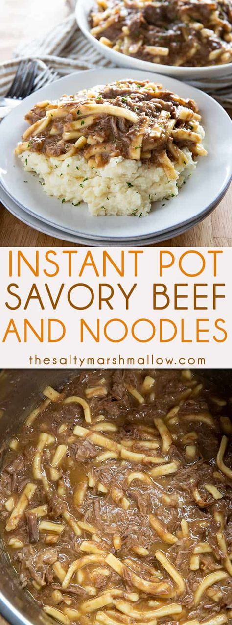 Instant Pot Beef and Noodles is a savory and comforting dinner recipe for your Instant Pot!  Tender roast beef is cooked with soft egg noodles and served in a rich gravy! #beefrecipes #easybeefrecipes #instantpotbeefrecipes #instantpotbeef #beefandnoodles #instantpotbeefandnoodles #thesaltymarshmallow Instant Pot Beef And Noodles, Instapot Ideas, Tender Roast Beef, Beef Recipe Instant Pot, Comforting Dinner, Soft Egg, Potted Beef, Instant Pot Beef, Instant Pot Dinner Recipes