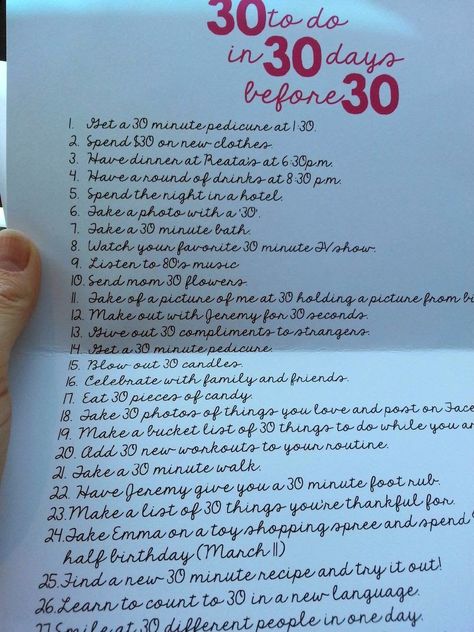 30th birthday: 30 things to do in 30 days before turning 30. A fun list! Dirty Thirty Party, Dirty 30 Party, 30th Birthday Celebration, 21st Birthday Ideas, 30th Birthday Ideas For Women, 30th Birthday Themes, 30th Bday Party, 30th Birthday Bash, Birthday 30