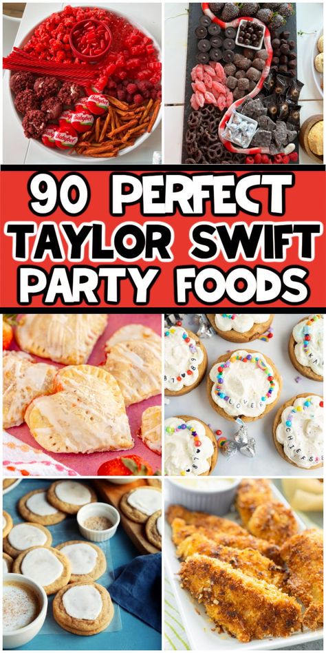 The best Taylor Swift party food ideas! Tons of Taylor Swift inspired foods and drinks! Party Appetizers Desserts, Taylor Swift Food, Taylor Swift Party Food, Watch Party Snacks, Taylor Swift Party Ideas, Taylor Swift Games, Superbowl Food Appetizers, Snack Stadium, Taylor Swift Birthday Party Ideas