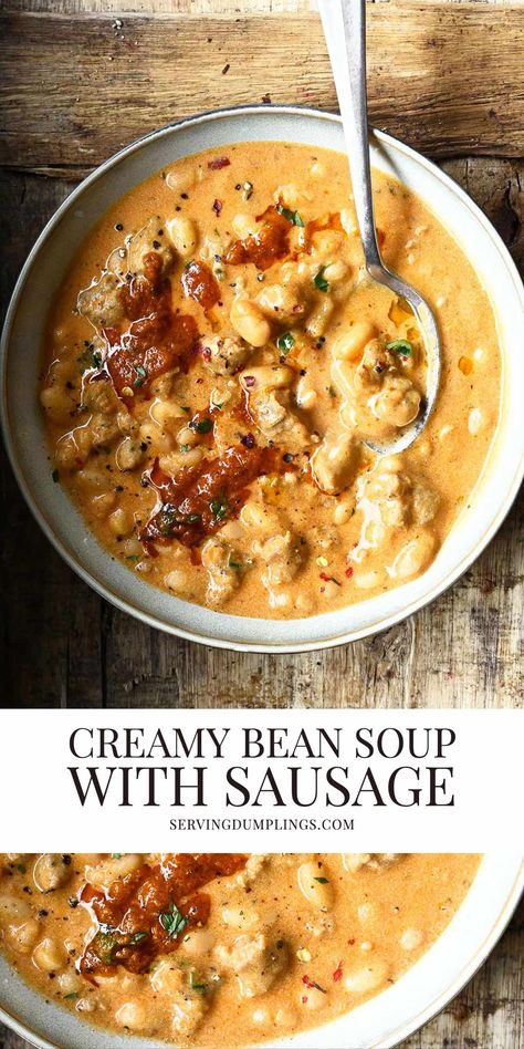 Creamy Bean Soup with Sausage - Serving Dumplings Creamy Bean Soup, Bean Soup With Sausage, Serving Dumplings, Soup With Sausage, Red Pesto, Seafood Soup, Savory Soups, Soup Season, Soup And Stew