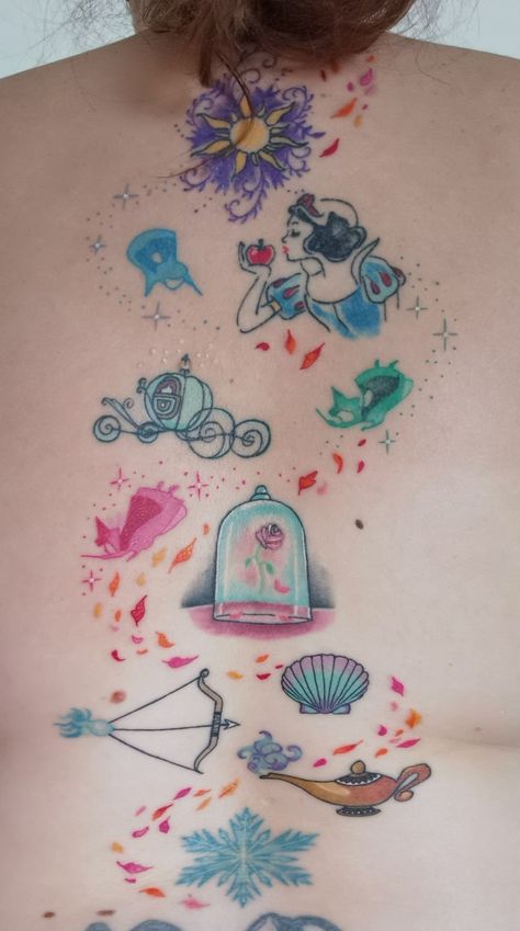 Princess Tattoo For Daughter, Feminine Disney Tattoo, Disney Princess Silhouette Tattoo, Disney Princess Symbols Tattoo, Disney Back Tattoos For Women, Sleeping Beauty Castle Tattoo, Disney Charm Tattoo, Disney Color Tattoos, Disney Arm Sleeve Tattoos For Women