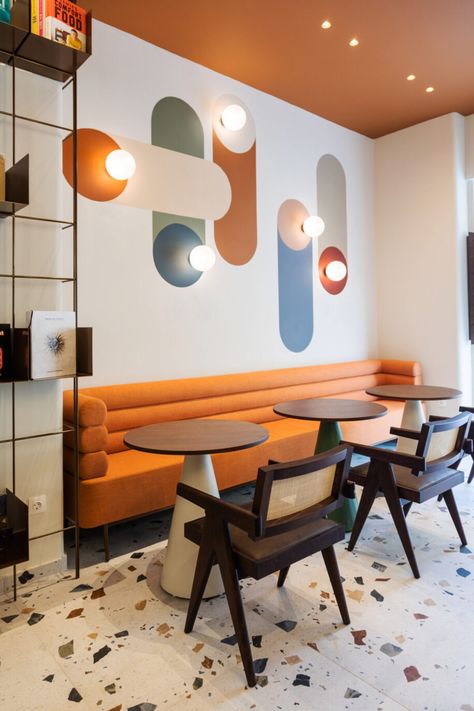 Cafe Interior Colorful, Cafe Statement Wall, Cool Office Interiors, Fun Office Interior Design, Fun Cafe Interior, Quirky Office Design, Latino Interior Design, Acoustic Wall Tiles, Colorful Cafe Interior