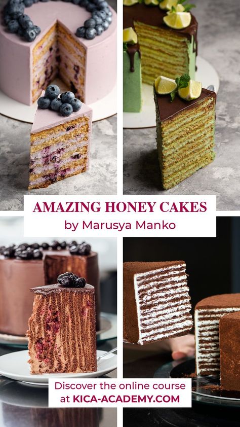 Honey Cake Design, Honey Cake Decoration Ideas, Honey Cake Decoration, Kyiv Cake, Orange Honey Cake, Cake Napoleon, Spartak Cake, Chocolate Honey Cake, Black Currant Cake