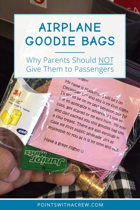 Are airplane goodie bags a good idea for parents traveling with young kids? Here's why you shouldn't give goodie bags to other passengers. First Flight Goodie Bags, Travel Care Package Airplane, Travel Goodie Bags For Adults, Travel Goodie Bags, Crying Gift, Travel Care Package, Baby On Plane, Travel Tips With Toddlers, Kids Gift Bags