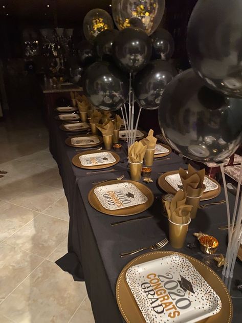 Glam Black and Gold Graduation Table | Gold graduation party, Nurse graduation party decorations, Graduation party themes Graduation Dinner Decoration Ideas, Dessert Table Ideas 60th Birthday, Graduation Table Party Ideas, Black And Gold Graduation Table Decor, Grad Dinner Decorations, Graduation Dinner Decorations, Black And Gold Table Decorations Party, Graduation Dinner Ideas Decorations, Black And Gold Theme Party Decoration