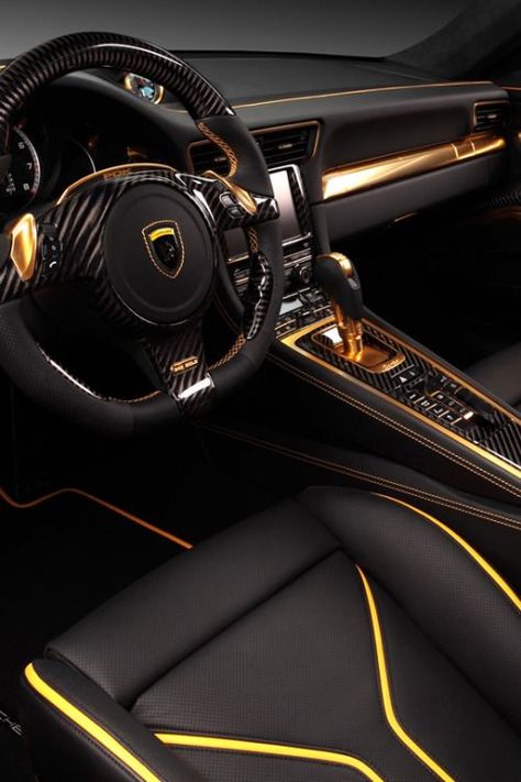 silverspoonlifestyle. Black Lamborghini Interior, Black And Gold Car Interior, Black Yellow Car Interior, Lamborghini Interior Luxury, Carbon Fiber Car Interior, Gold Car Interior, Lambo Interior, Luxurious Car Interior, Black And Gold Car
